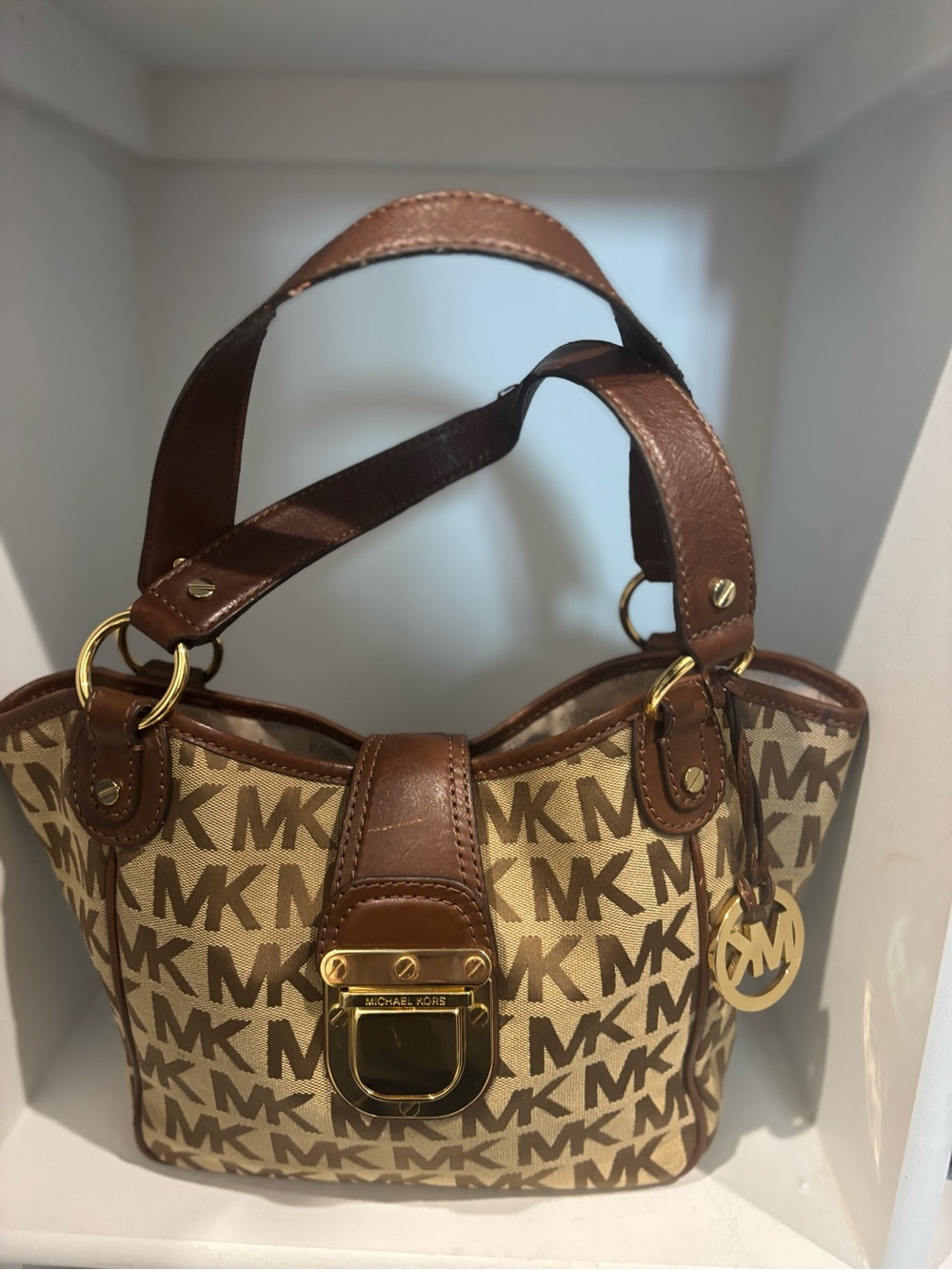 Michael Kors Brown & Cream MK Signature Shoulder Bag